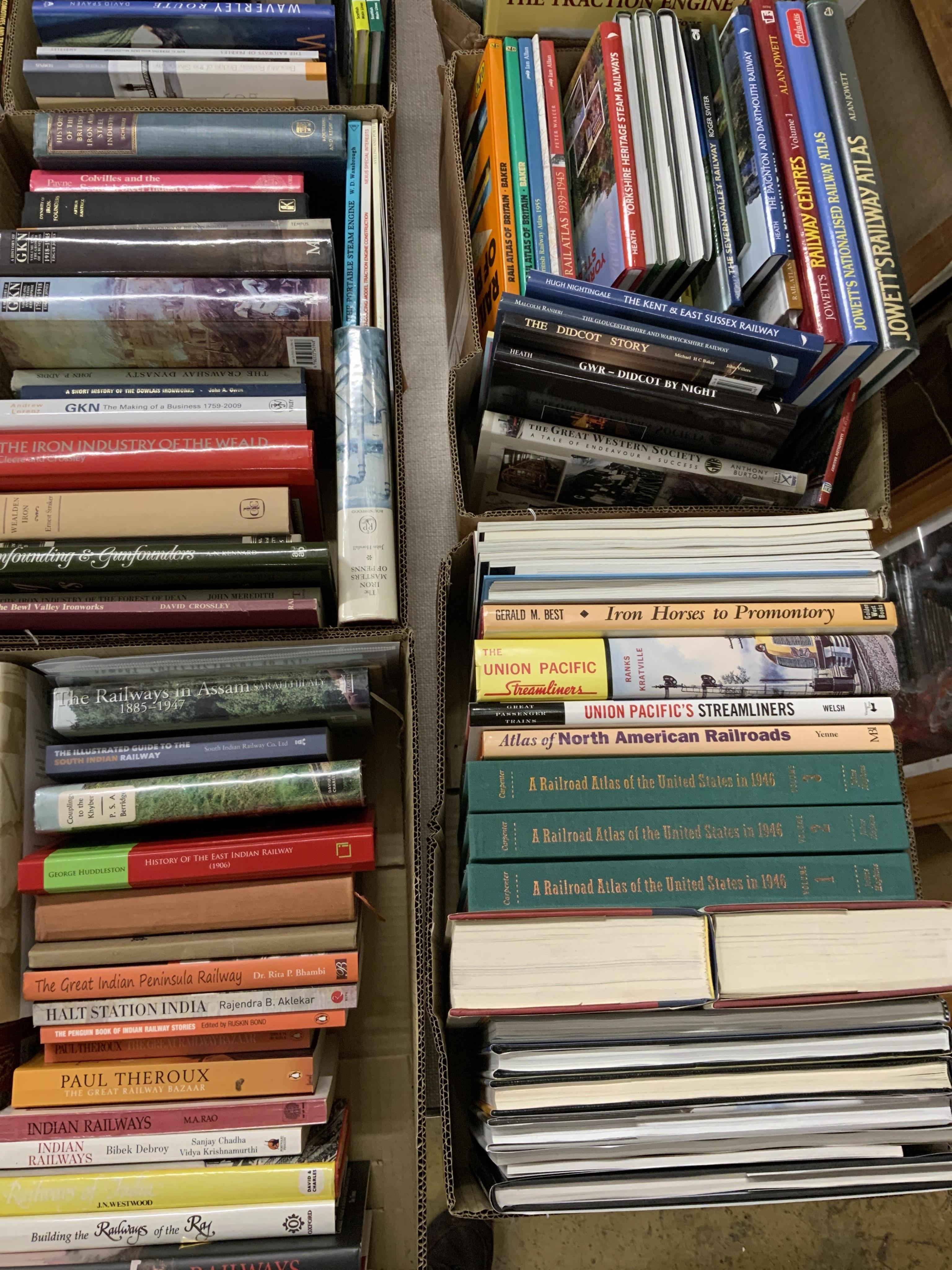 Eight boxes of railway related books, etc. subjects include; Indian railways, United States railways, Great Western Railway, steam trams, Union Pacific Railway, etc. publishers include; Middleton Press, Ian Allan, David